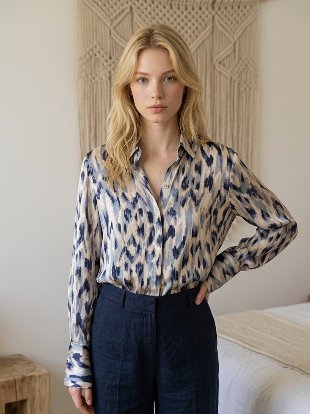 Nic + Zoe Printed Long-Sleeve Blouse in Navy and Cream Pit to Pit is 18"